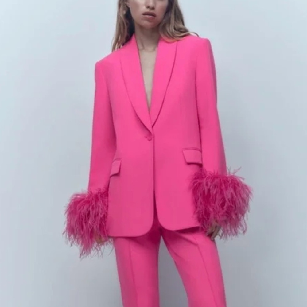Zara Hot Pink Feather-Cuff Straight Cut Blazer Size XS Limited Blogger Party